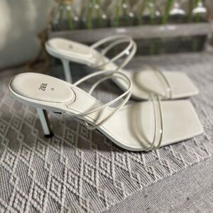 Zara White Strappy Square Toe Heels - Size 40 (Size 9). Clear Straps. 3” heel